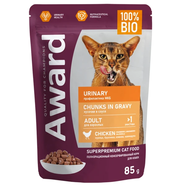 пауч Award Urinary для профилактики МКБ Кошек кусочки в соусе с Курицей 85г