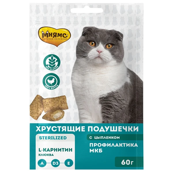 Мнямс Хрустящие Подушечки для Стерилизованных Кошек с Цыпленком и Клюквой "Профилактика МКБ" 60г