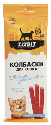 Лакомство TiTBiT Колбаски Двойное удовольствие с Лососем и Форелью для Кошек 45г