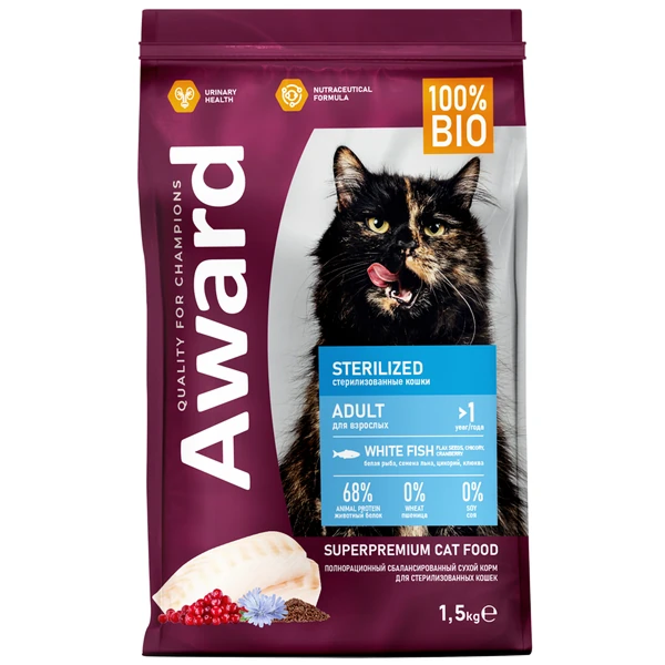 Award Sterilized для Стерилизованных Кошек с Белой Рыбой 1,5кг