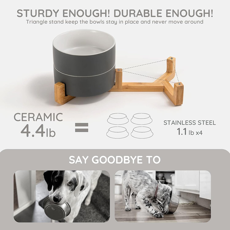 Миска керамическая TopPet двойная на деревянной подставке, серо-белая 2х350 мл