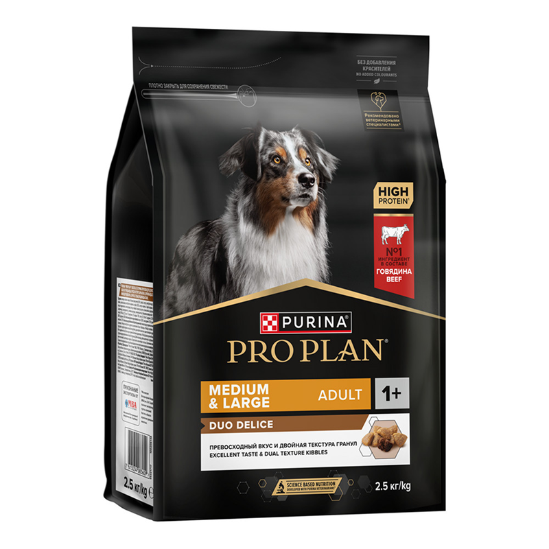 Сухой корм PRO PLAN DUO DELICE для взрослых собак средних и крупных пород, с высоким содержанием говядины, 2,5 кг