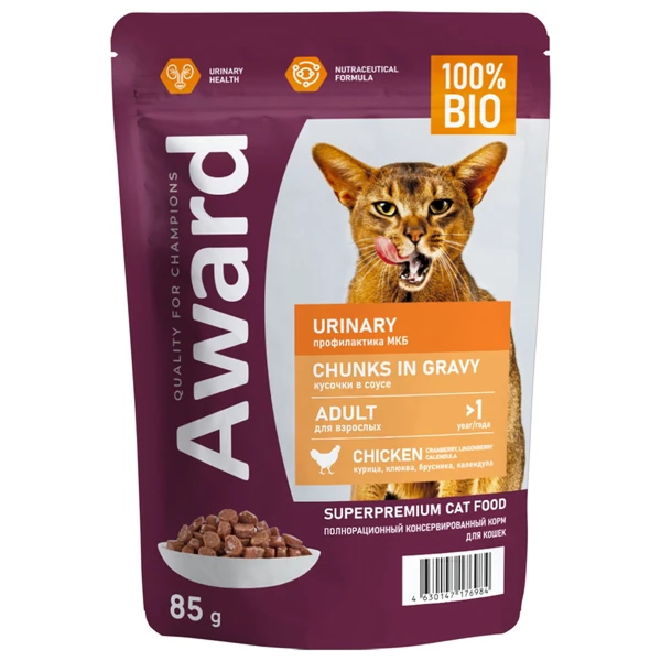 пауч Award Urinary для профилактики МКБ Кошек кусочки в соусе с Курицей 85г