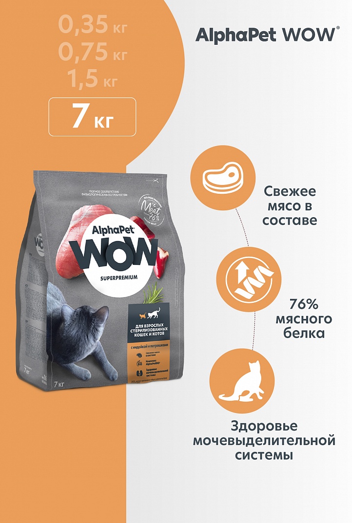 AlphaPet WOW 7кг для стерилизованных Кошек с Индейкой и потрошками