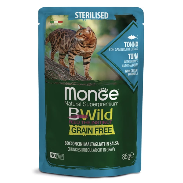 пауч Monge Cat Bwild Grain free для Стерилизованных Кошек из Тунца с Креветками и Овощами 85г