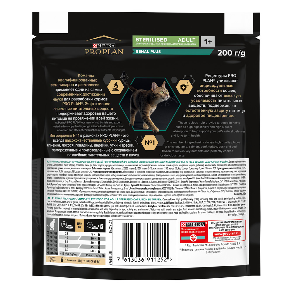 Сухой корм PRO PLAN для кошек для здоровья почек после стерилизации, с индейкой, 200 г