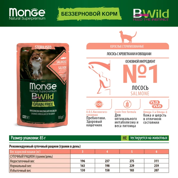 пауч Monge Cat Bwild Grain free для Стерилизованных Кошек из Лосося с Креветками и Овощами 85г