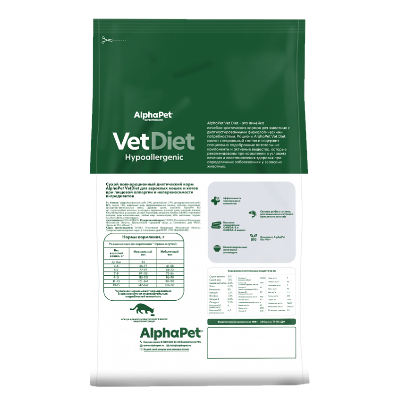 AlphaPet Vet Diet Cat Hypoallergenic 1,5кг для Кошек при пищевой аллергии и непереносимости