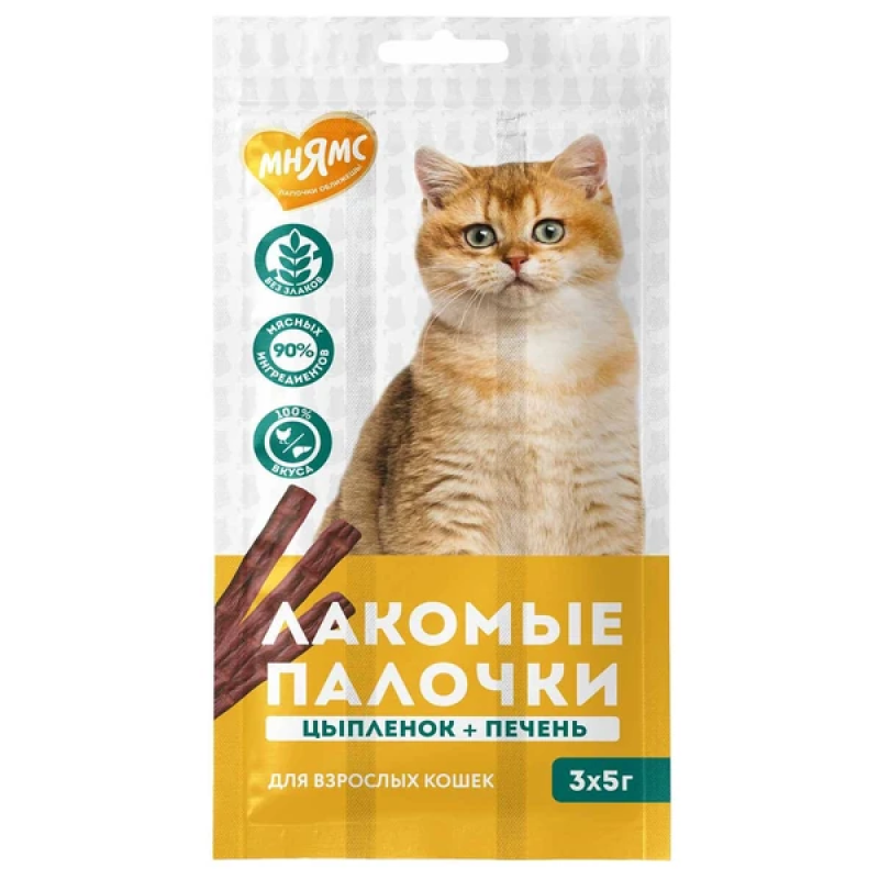 Лакомые палочки Мнямс для Кошек из Цыпленка и Печени 3х5г