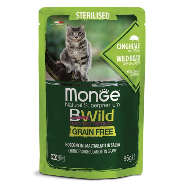 пауч Monge Cat Bwild Grain free для Стерилизованных Кошек из Кабана с Овощами 85г