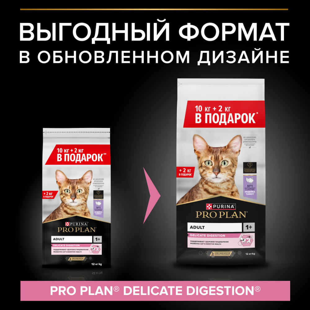 Сухой корм Pro Plan® для кошек с чувствительным пищеварением, с высоким содержанием индейки, Пакет, 10 кг + 2 кг в подарок