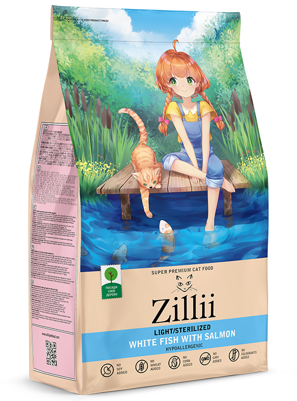 ZILLII Light/Sterilized Cat для Кошек с избыточным весом и стерилизованных 400г Белая Рыба с Лососем