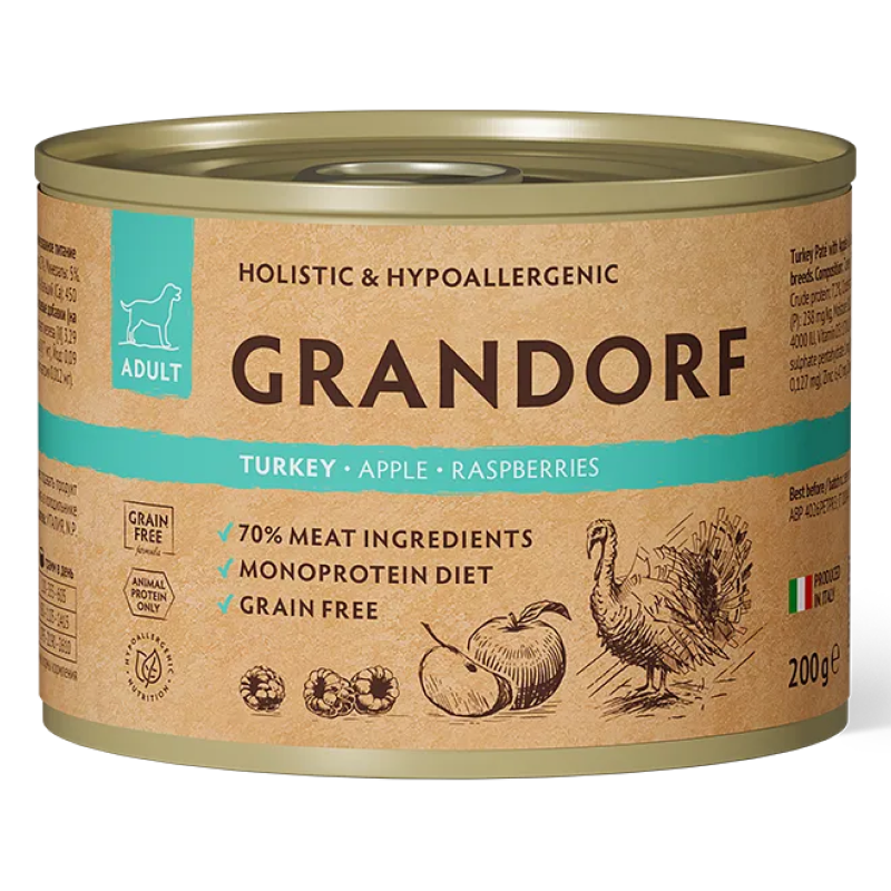 конс. Grandorf для Собак Паштет из индейки с яблоком и малиной 200г