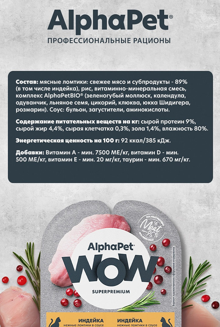 конс. AlphaPet WOW 80г для Стерилизованных Кошек ломтики Индейки в соусе