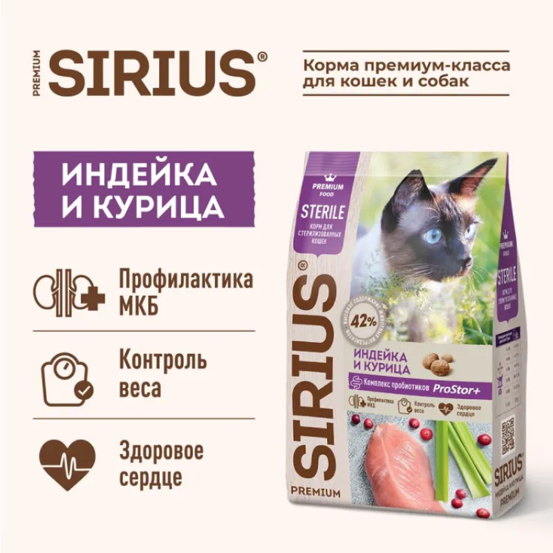 Sirius для Кошек стерилизованных 12кг с Индейкой и Курицей
