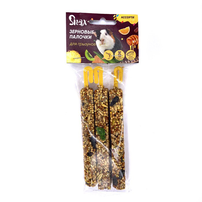 Палочки Зерновые Snax для Грызунов Ассорти (тропич.фрукты, мед, рожк.дерево) 3шт, 75г