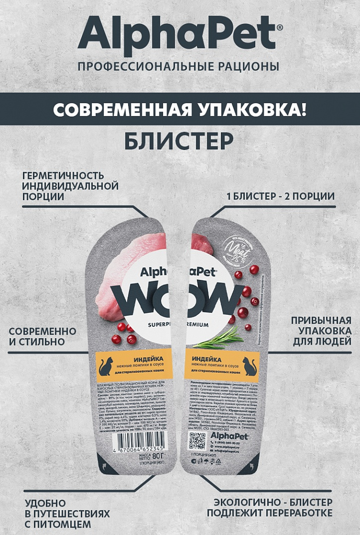 конс. AlphaPet WOW 80г для Стерилизованных Кошек ломтики Индейки в соусе