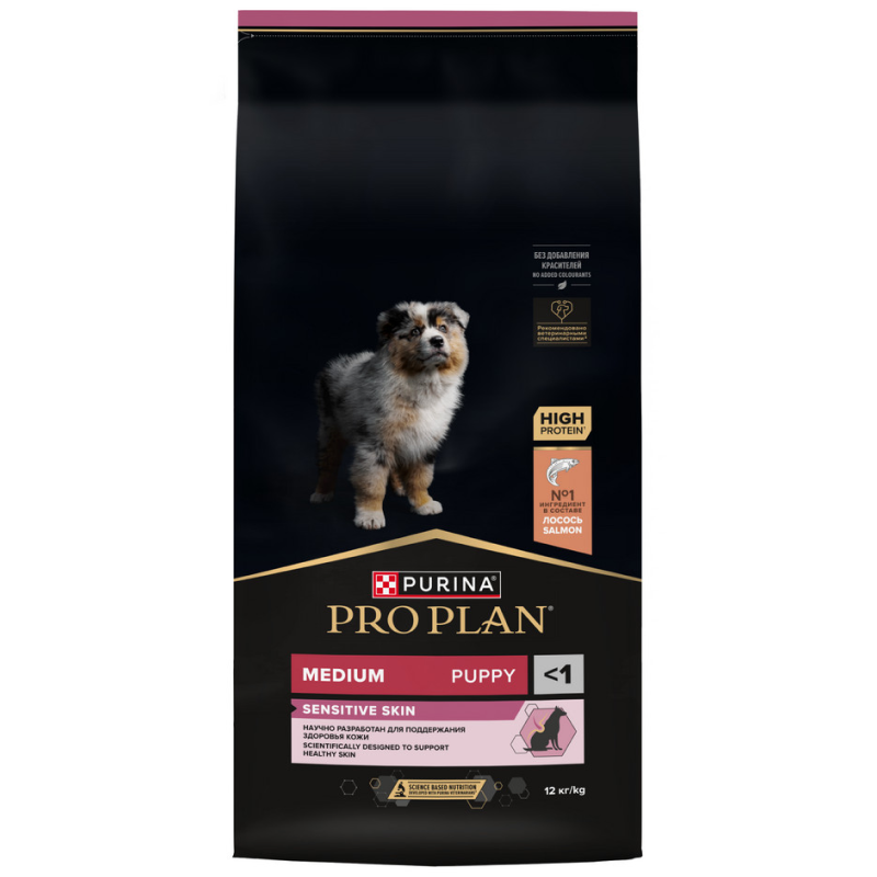 Сухой корм PRO PLAN для щенков при чувствительной коже для средних пород, с лососем, 12 кг