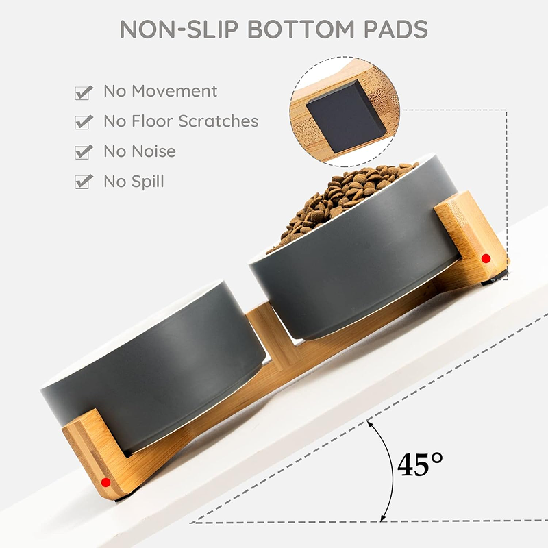 Миска керамическая TopPet двойная большая на деревянной подставке, серо-белая 2х750 мл