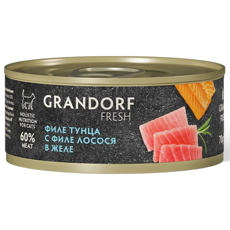 конс. Grandorf FRESH для Кошек Филе тунца с филе лосося в желе 70г