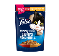 Влажный корм Felix Двойная вкуснятина для кошек, с говядиной и птицей в желе, 75 г 